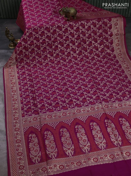 Banarasi silk cotton saree magenta pink with allover thread & zari woven brocade weaves and thread & zari woven border