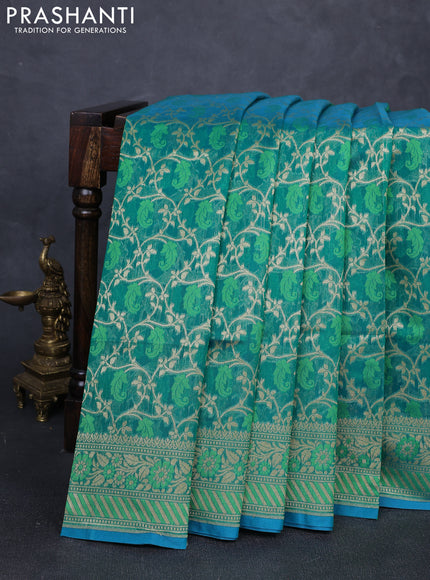 Banarasi silk cotton saree green with allover thread & zari woven brocade weaves and thread & zari woven border