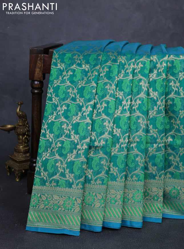 Banarasi silk cotton saree green with allover thread & zari woven brocade weaves and thread & zari woven border