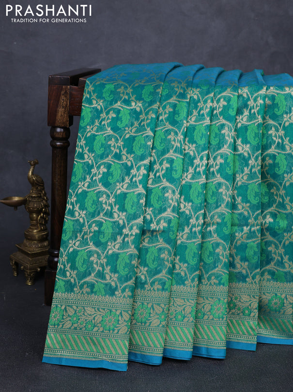 Banarasi silk cotton saree green with allover thread & zari woven brocade weaves and thread & zari woven border