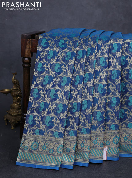 Banarasi silk cotton saree peacock blue with allover thread & zari woven brocade weaves and thread & zari woven border