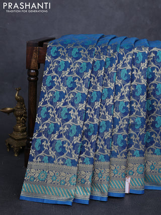 Banarasi silk cotton saree peacock blue with allover thread & zari woven brocade weaves and thread & zari woven border
