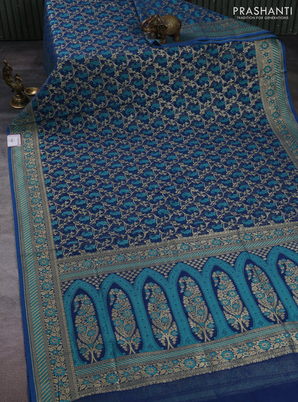 Banarasi silk cotton saree peacock blue with allover thread & zari woven brocade weaves and thread & zari woven border