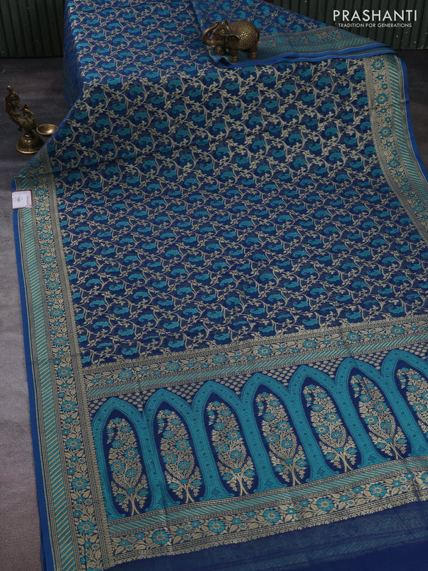 Banarasi silk cotton saree peacock blue with allover thread & zari woven brocade weaves and thread & zari woven border