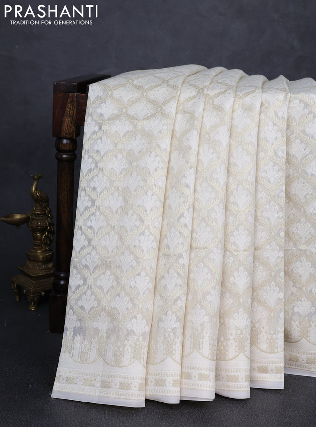 Banarasi silk cotton saree off white with allover thread & zari woven brocade weaves and thread & zari woven border