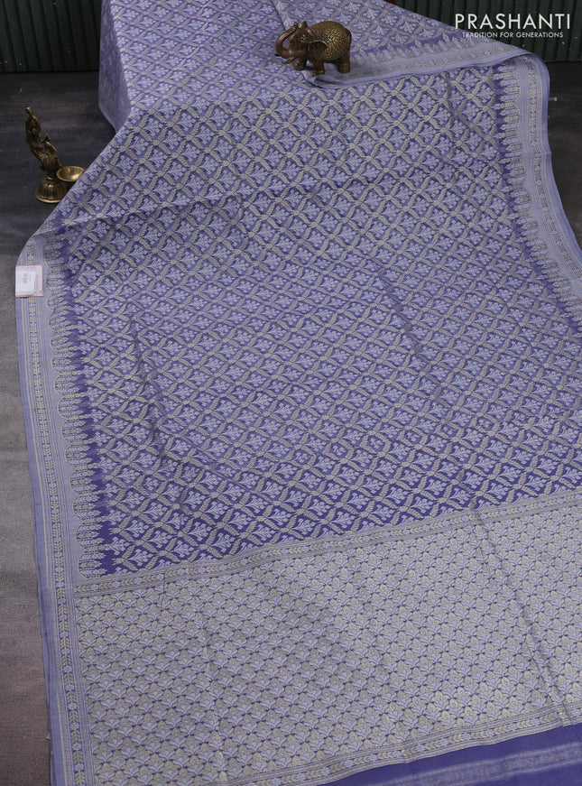 Banarasi silk cotton saree pastel lavender with allover thread & zari woven brocade weaves and thread & zari woven border