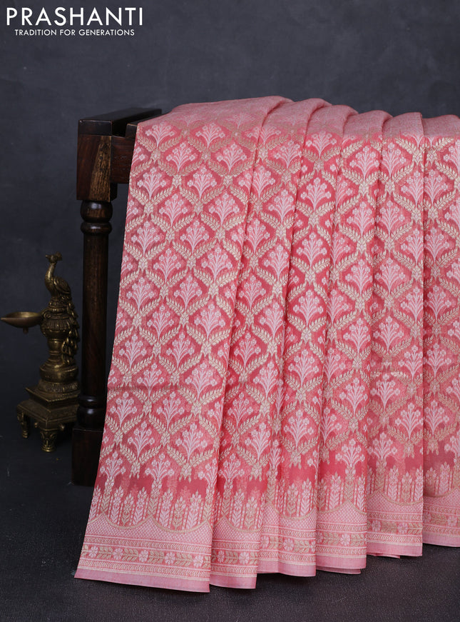 Banarasi silk cotton saree peach shade with allover thread & zari woven brocade weaves and thread & zari woven border