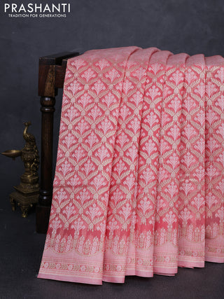 Banarasi silk cotton saree peach shade with allover thread & zari woven brocade weaves and thread & zari woven border