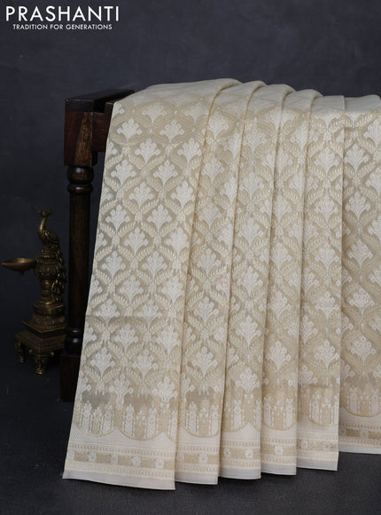Banarasi silk cotton saree beige with allover thread & zari woven brocade weaves and thread & zari woven border
