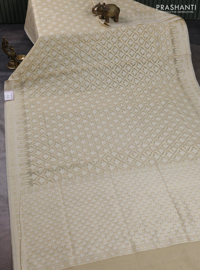 Banarasi silk cotton saree beige with allover thread & zari woven brocade weaves and thread & zari woven border
