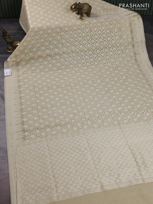 Banarasi silk cotton saree beige with allover thread & zari woven brocade weaves and thread & zari woven border