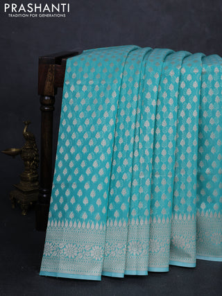 Banarasi silk cotton saree teal green with allover thread & zari woven buttas and thread & zari woven border