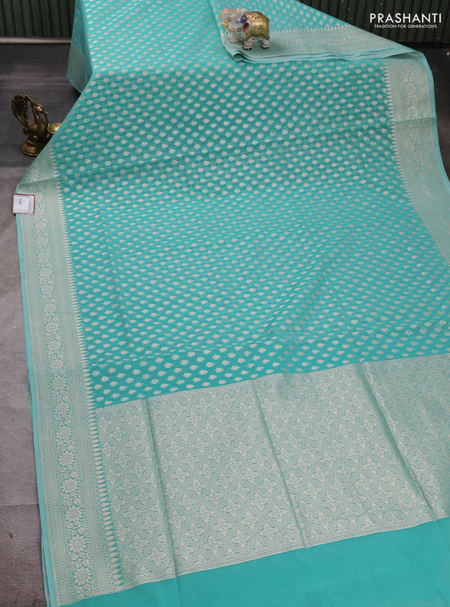 Banarasi silk cotton saree teal green with allover thread & zari woven buttas and thread & zari woven border