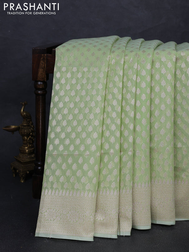 Banarasi silk cotton saree light green with allover thread & zari woven buttas and thread & zari woven border