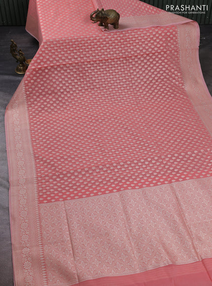 Banarasi silk cotton saree peach shade with allover thread & zari woven buttas and thread & zari woven border