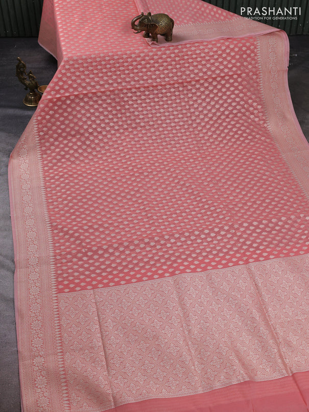 Banarasi silk cotton saree peach shade with allover thread & zari woven buttas and thread & zari woven border