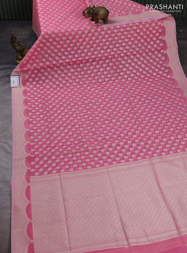 Banarasi silk cotton saree peach pink with allover thread & zari woven buttas and thread & zari woven border