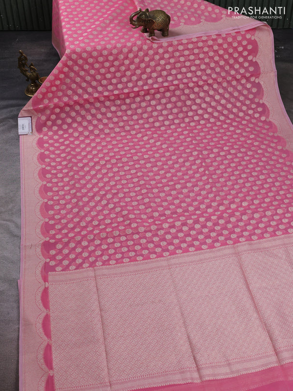 Banarasi silk cotton saree peach pink with allover thread & zari woven buttas and thread & zari woven border