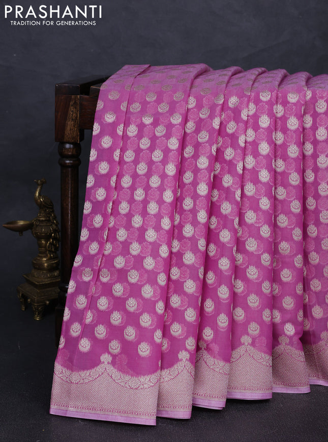 Banarasi silk cotton saree onion pink with allover thread & zari woven buttas and thread & zari woven border
