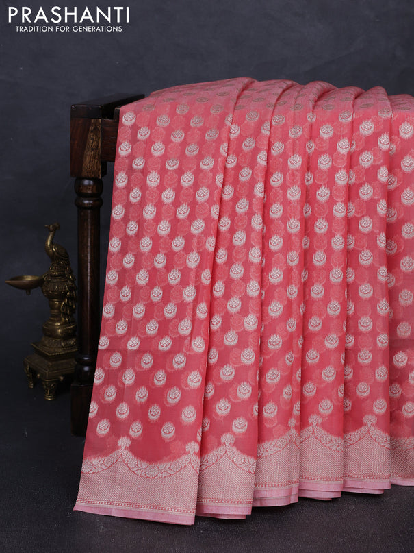Banarasi silk cotton saree peach shade with allover thread & zari woven buttas and thread & zari woven border