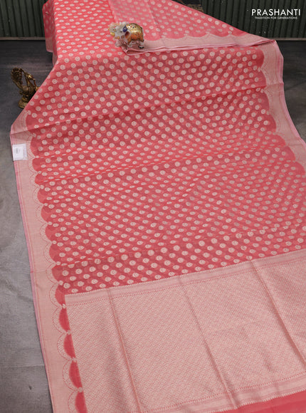Banarasi silk cotton saree peach shade with allover thread & zari woven buttas and thread & zari woven border