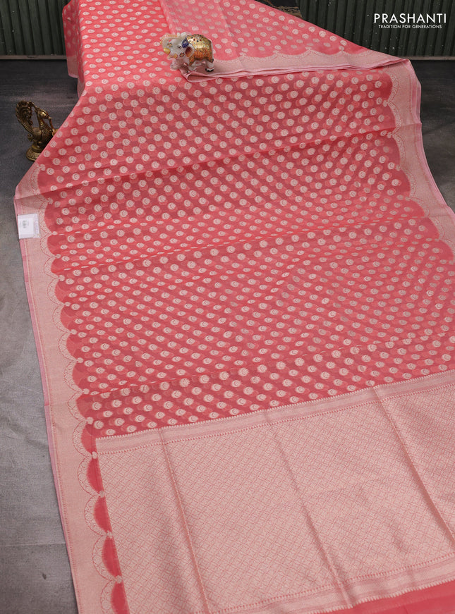 Banarasi silk cotton saree peach shade with allover thread & zari woven buttas and thread & zari woven border