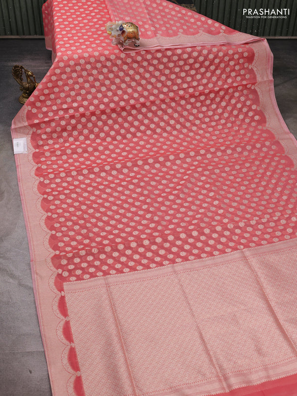 Banarasi silk cotton saree peach shade with allover thread & zari woven buttas and thread & zari woven border