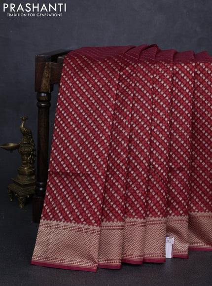 Banarasi silk cotton saree maroon with allover thread & zari woven buttas and temple design zari woven border
