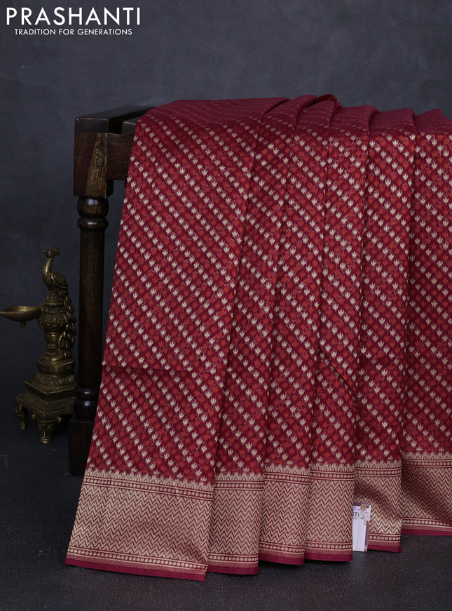 Banarasi silk cotton saree maroon with allover thread & zari woven buttas and temple design zari woven border