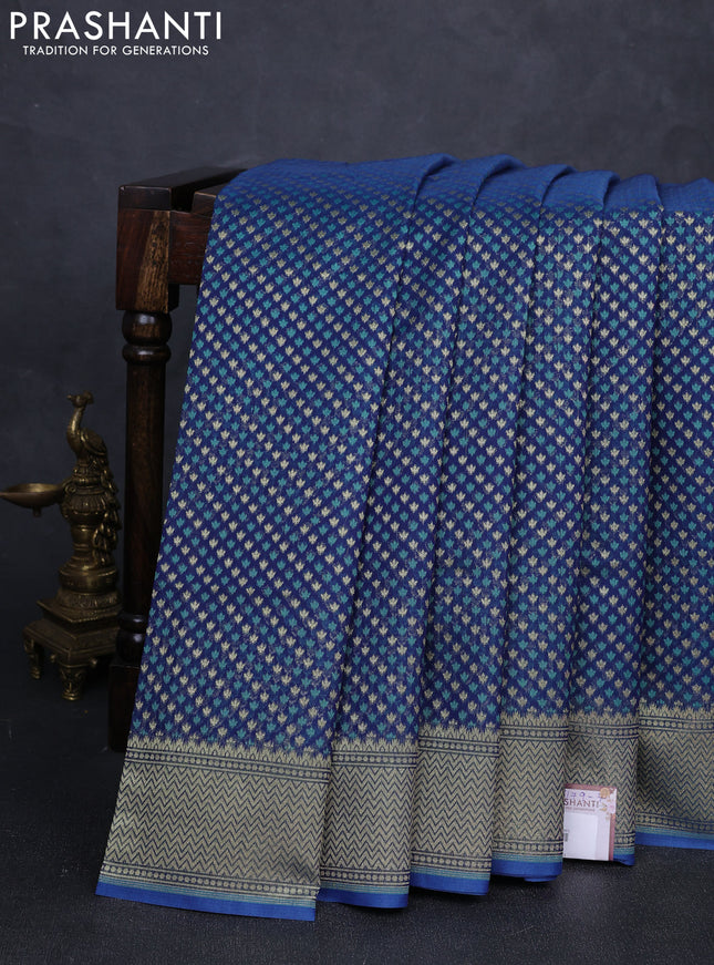 Banarasi silk cotton saree peacock blue with allover thread & zari woven buttas and temple design zari woven border