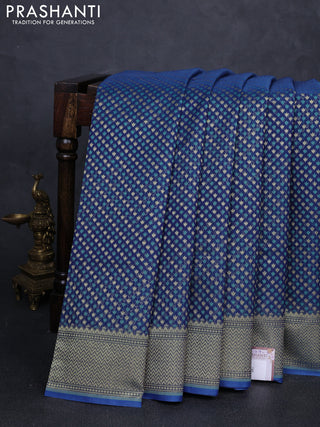 Banarasi silk cotton saree peacock blue with allover thread & zari woven buttas and temple design zari woven border