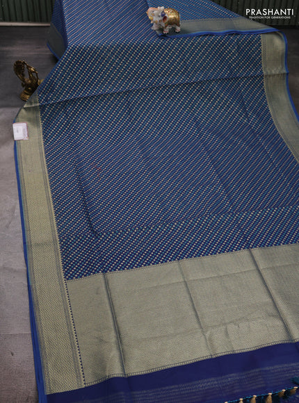 Banarasi silk cotton saree peacock blue with allover thread & zari woven buttas and temple design zari woven border