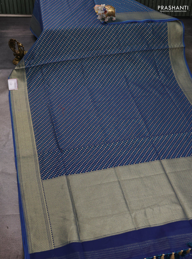 Banarasi silk cotton saree peacock blue with allover thread & zari woven buttas and temple design zari woven border