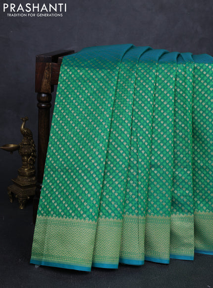 Banarasi silk cotton saree green with allover thread & zari woven buttas and temple design zari woven border