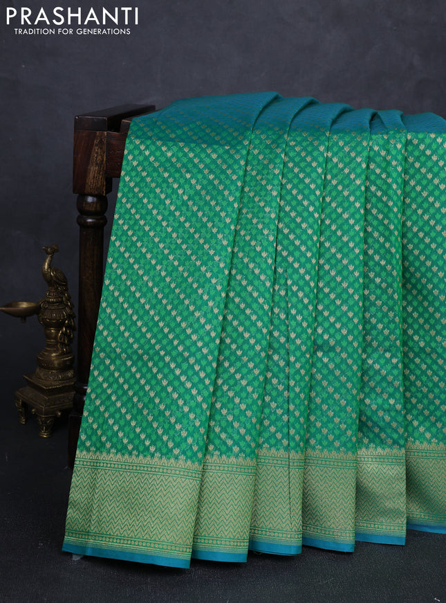Banarasi silk cotton saree green with allover thread & zari woven buttas and temple design zari woven border