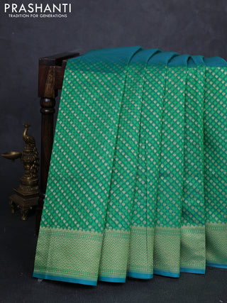 Banarasi silk cotton saree green with allover thread & zari woven buttas and temple design zari woven border