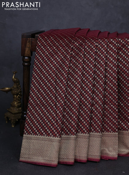 Banarasi silk cotton saree deep maroon with allover thread & zari woven buttas and temple design zari woven border