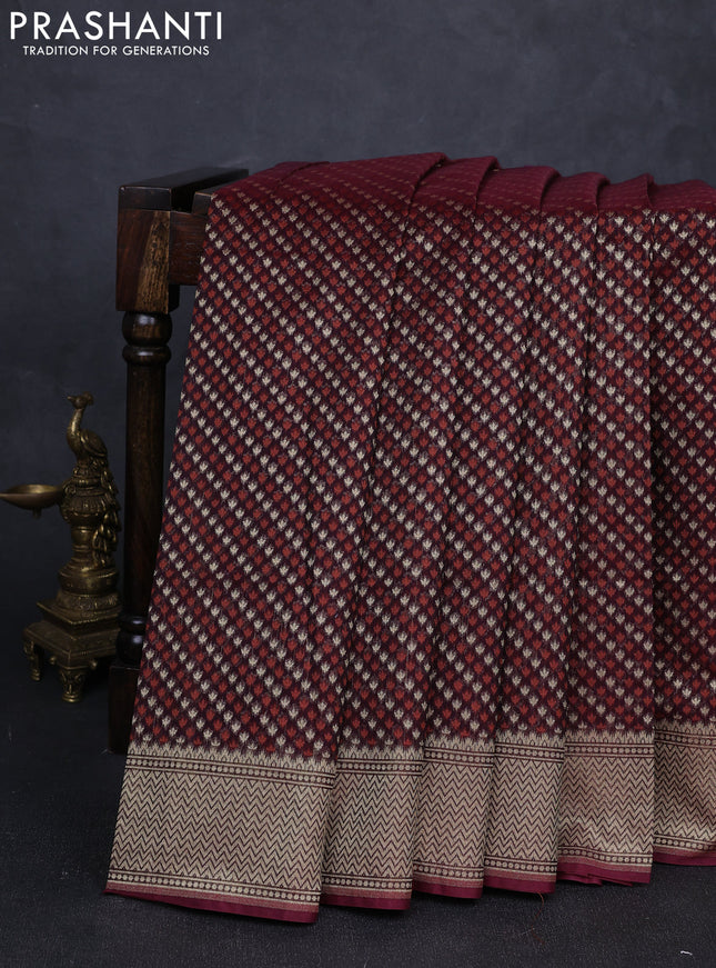 Banarasi silk cotton saree deep maroon with allover thread & zari woven buttas and temple design zari woven border