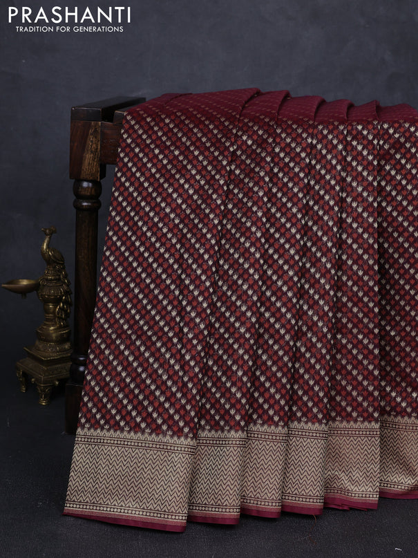 Banarasi silk cotton saree deep maroon with allover thread & zari woven buttas and temple design zari woven border