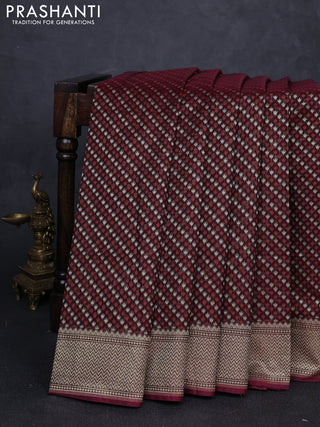 Banarasi silk cotton saree deep maroon with allover thread & zari woven buttas and temple design zari woven border