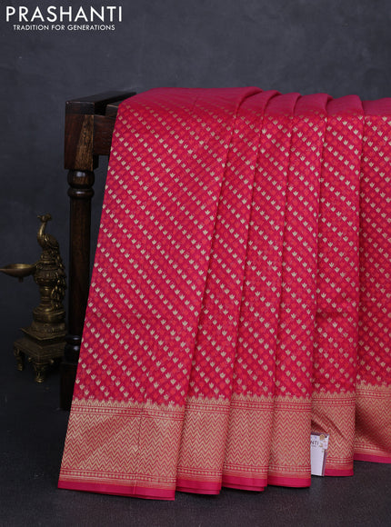 Banarasi silk cotton saree dark pink with allover thread & zari woven buttas and temple design zari woven border