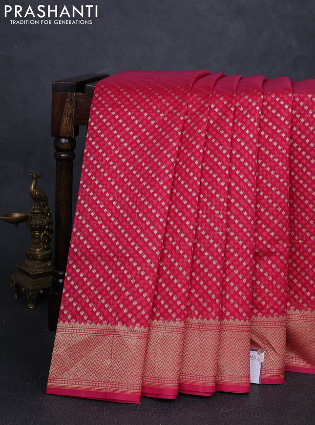 Banarasi silk cotton saree dark pink with allover thread & zari woven buttas and temple design zari woven border