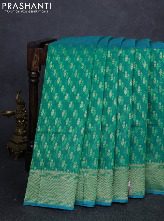 Banarasi silk cotton saree green with allover thread & zari woven buttas and zari woven border