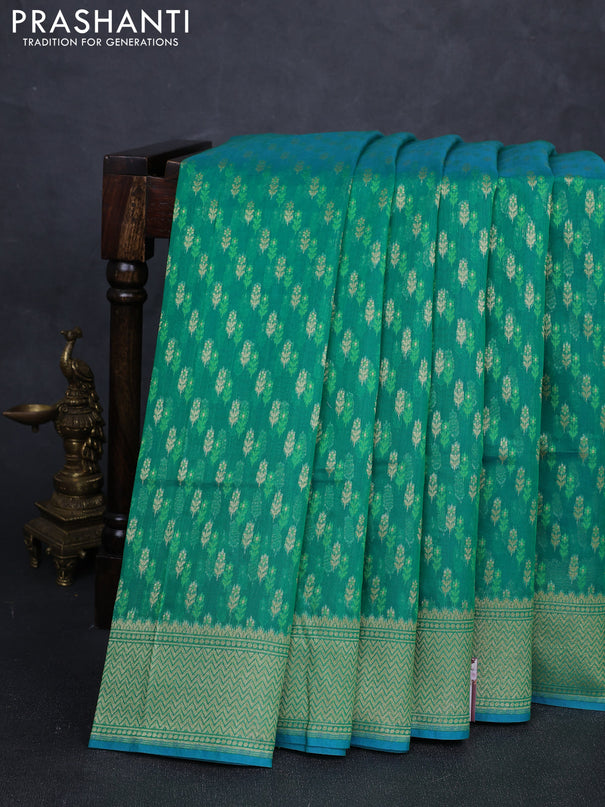 Banarasi silk cotton saree green with allover thread & zari woven buttas and zari woven border