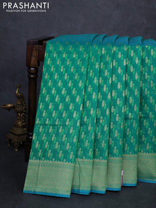 Banarasi silk cotton saree green with allover thread & zari woven buttas and zari woven border