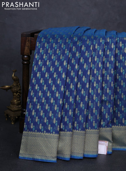 Banarasi silk cotton saree peacock blue with allover thread & zari woven buttas and zari woven border