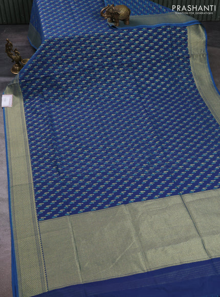 Banarasi silk cotton saree peacock blue with allover thread & zari woven buttas and zari woven border