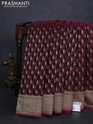 Banarasi silk cotton saree deep maroon with allover thread & zari woven buttas and zari woven border