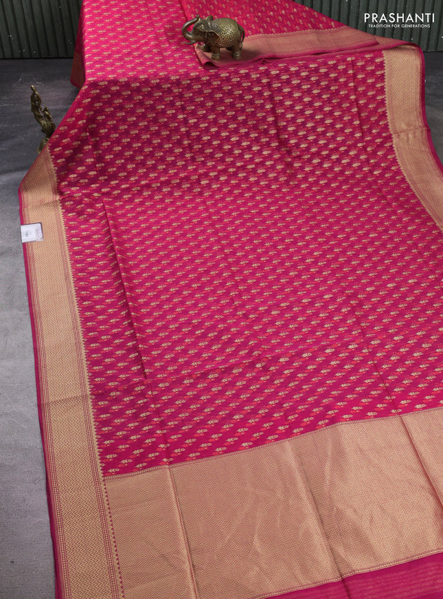Banarasi silk cotton saree peach pink with allover thread & zari woven buttas and zari woven border