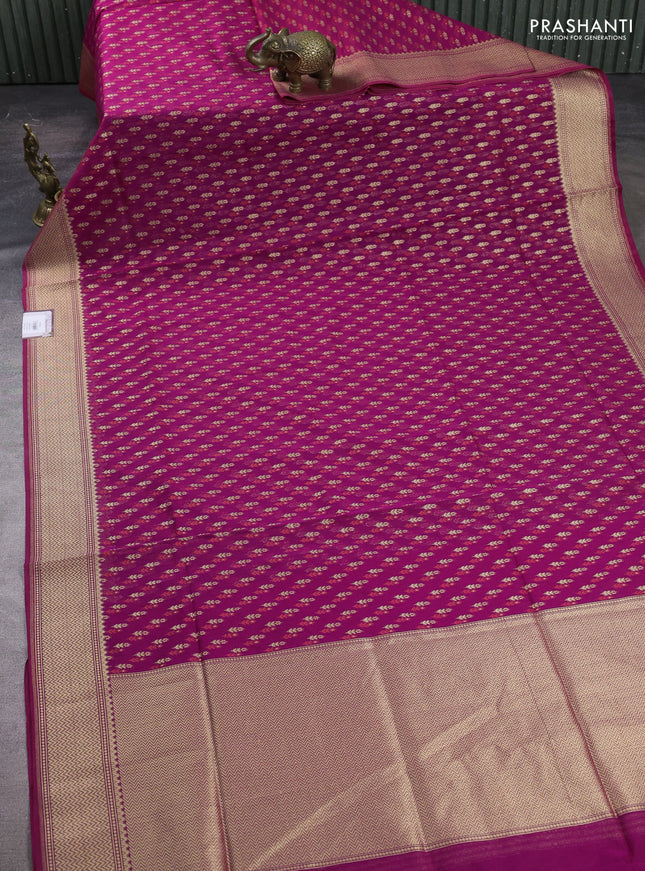Banarasi silk cotton saree magenta pink with allover thread & zari woven buttas and zari woven border